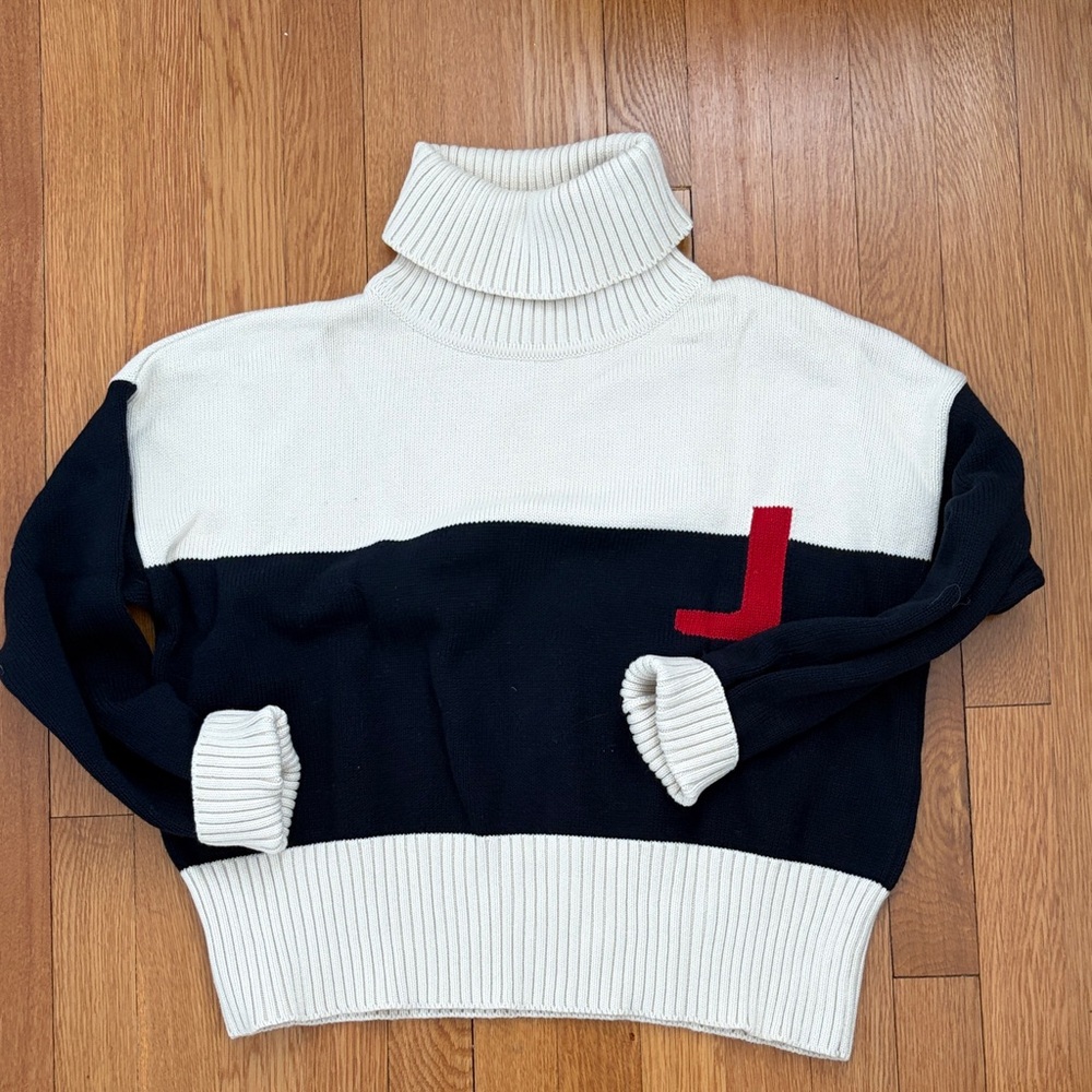 Jam industries 100% cotton turtleneck rollneck sweater navy and ecru boyfriend